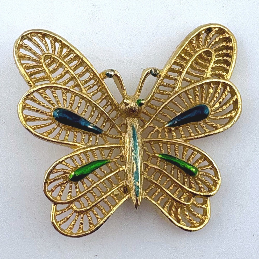 Vintage Gerrys Gold Tone Butterfly Brooch Green Blue Enamel Filigree Pin‎